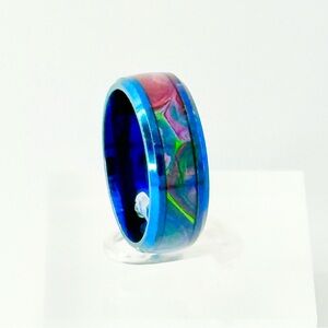 Colorful Blue Ring with Pink and Green Inlay size 9 # 14